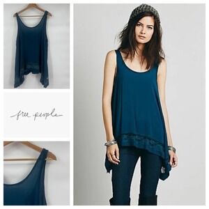 Free People Teal Blue Lace Trim Asymmetrical Hem Tank Top M